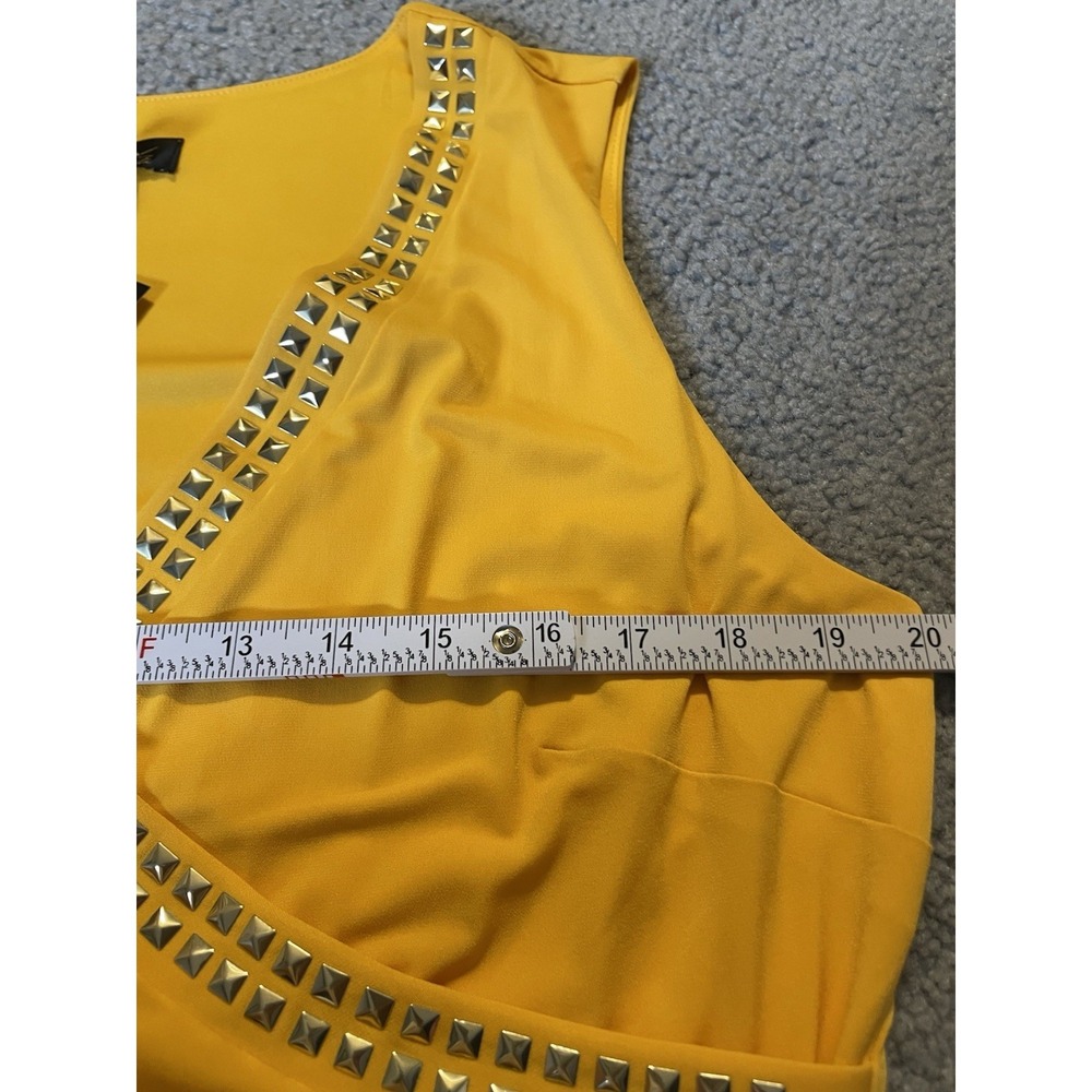Thalia Sodi Studded Faux Wrap Dress L Yellow Gold Side Ruched  Slanted Hem Party - Picture 11 of 16